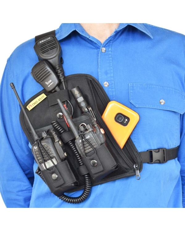 Two Ants Atta Double Right Black - Adjustable Two Way Radio Phone Chest Holster with Zipper Pocket