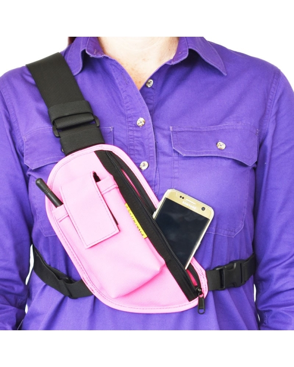 Two Ants Trap Jaw Right Pink - Enclosed Two Way Radio Phone Chest Holster with Zipper Pocket